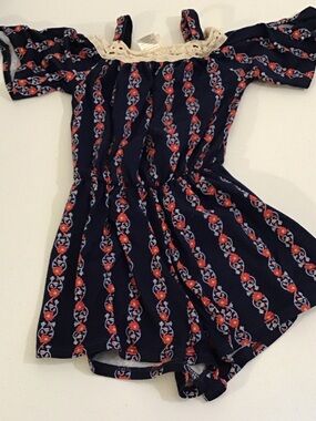 Girls Navy Floral Stripe Off-Shoulder One-Piece Romper